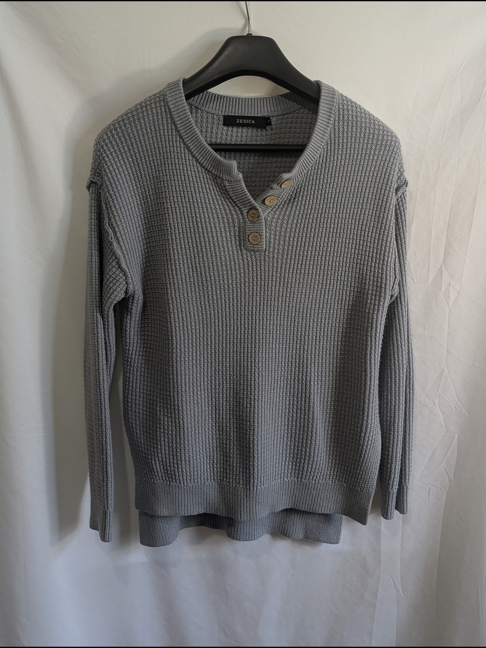ZESICA Gray Waffle Knit Henley Sweater High Low Hem Side Slit Women's Small